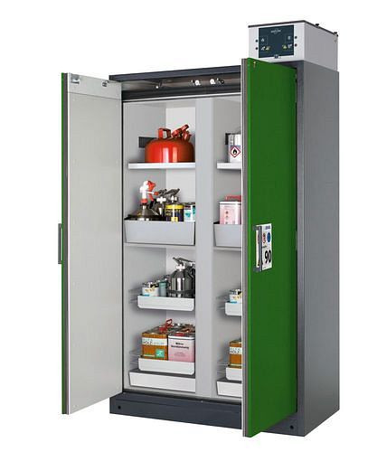 asecos Feuerbeständiger Gefahrstoffschrank Select, Mittelwand, mit Einlegeböden, Auszugswannen, grün, 266859