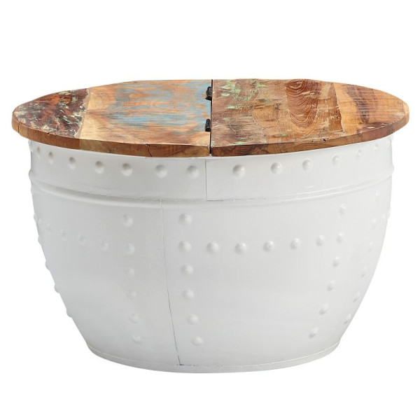 Wohnling Couchtisch Mango 60x36x60 cm Massivholz Metall Weiß Industrial Rund, WL6.328