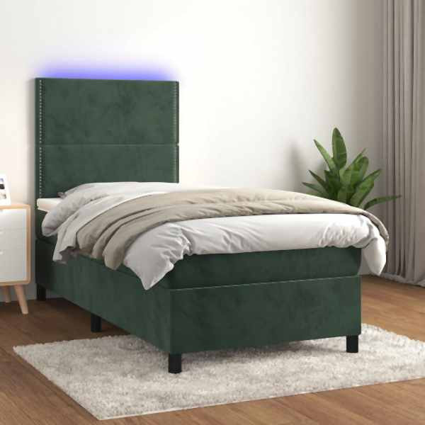 vidaXL Boxspringbett mit Matratze & LED Dunkelgrün 100x200 cm Samt, 3136050