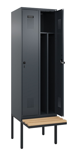 C+P Spind Evolo PLUS, 2 Abteile, 2120x600x815mm, 7016/7016, Drehriegel, Sitzfläche Holz, 0490407-20F S10016