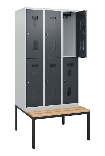 C+P Doppelstöckiger Spind Evolo PLUS, Bank, 6 Fächer, 1950x900x815mm, 7035/7016, Zylinderschloss, Sitzfläche Buche-Hartholz, Sitzbank, 0493505-30 S10039