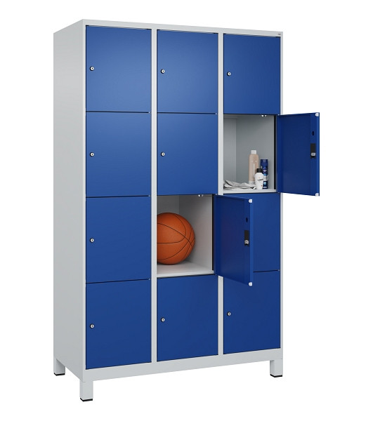 C+P Schließfachschrank Evolo PLUS, mit Füßen, 12 Fächer, 1950x1200x500mm, 7035/5010 Enzianblau, Abteile 3, Abteilbreite 400 mm, 049010-324 S10006