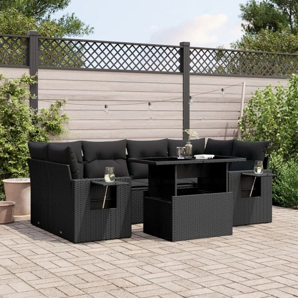 vidaXL 7-tlg. Garten-Sofagarnitur mit Kissen Schwarz Poly Rattan, 3267755