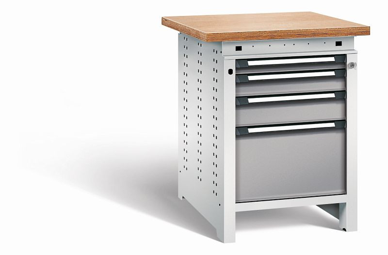 Otto Kind Werkbank Serie function Typ 108, Multiplexplatte, überstehend, 4 Schubladen, mit Zentralverschluss, Gehäuse RAL 7035, Front RAL 7037, 072325267