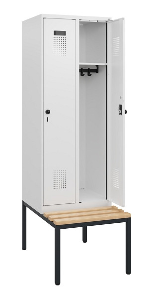 C+P Spind Evolo PLUS, 2 Abteile, 1950x600x815mm, 9016/9016, Drehriegel, Sitzfläche Holz, Sitzbank, 0490505-20 S10023