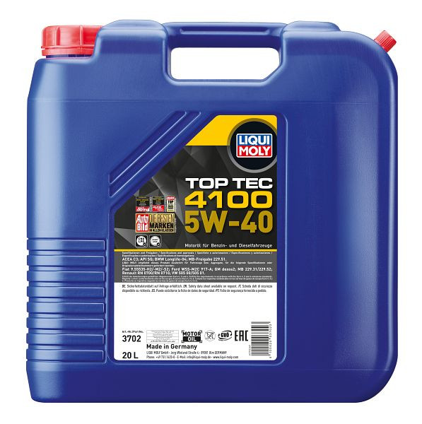 LIQUI MOLY Motoröl Top Tec 4100 5W-40, Kanister Kunststoff, VE: 20 Liter, 3702