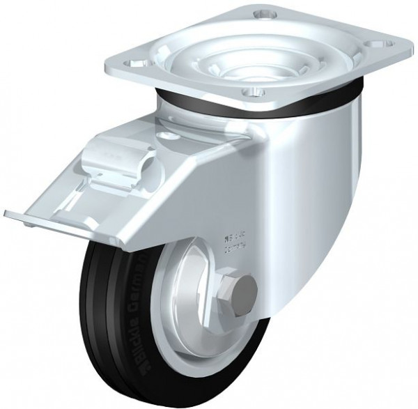 Blickle LK-RD 100R-1-FI-FA Stahlblech-Lenkrolle, schwere Ausführung, mit Anschraubplatte & Feststeller, Zweikomponenten-Vollgummi, Schwarz, 750454