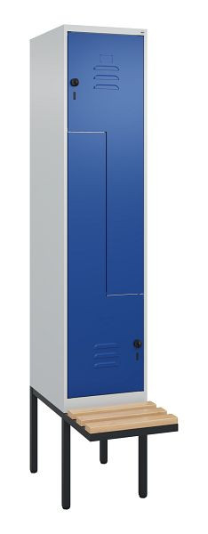 C+P Z-Spind Classic PLUS, Bank, 2 Abteile, 2120x400x815mm, 7035/5010, Drehriegel, Buche-Sitzleisten, 0800437-122 S10003