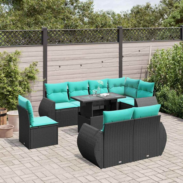 vidaXL 9-teiliges Gartensofa-Set mit Kissen, schwarzes Polyrattan, 3268667