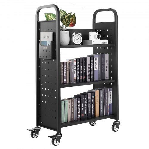 VEVOR Bücherwagen, 150 kg Tragkraft, 77x38x122 cm, L-förmig, einseitig, Doppelbremsrollen, für Wohnzimmer, Büro, Schule, Schwarz, LXTSGTCHS330DC6LE001V0