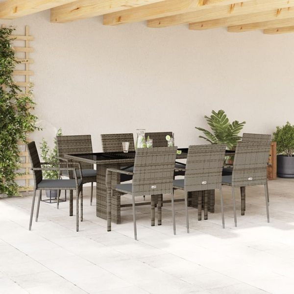 vidaXL 9-teilig Garten-Essgruppe mit Kissen Grau Poly Rattan, 3213497