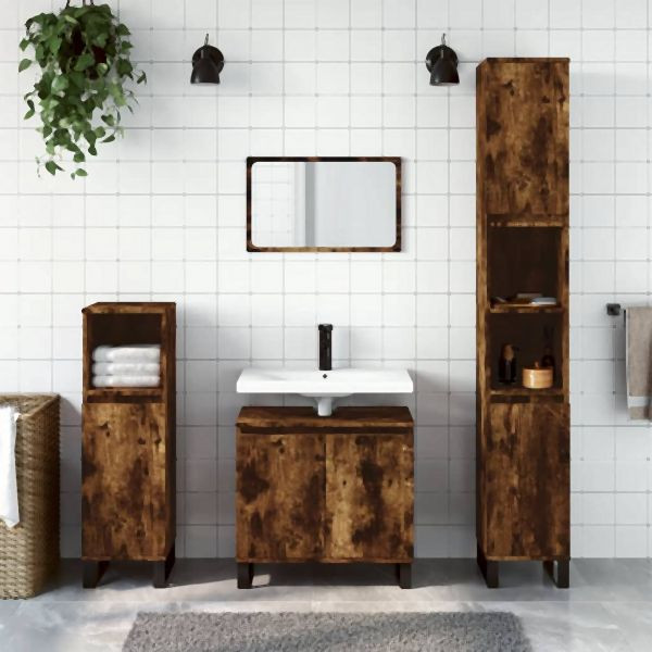 vidaXL 3-teilig Badmöbel-Set Räuchereiche Holzwerkstoff, 3187802