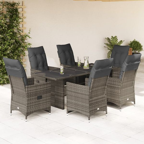 vidaXL 7-teilig Garten-Bistro-Set mit Kissen Grau Poly Rattan, 3276899