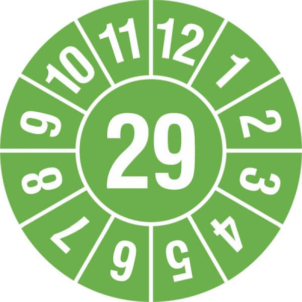 Stein HGS Prüfplaketten mit Jahresfarbe (1 Jahr), Ø 10 mm, grün, 2029, Jahreszahl 2-stellig, 31.3694-29
