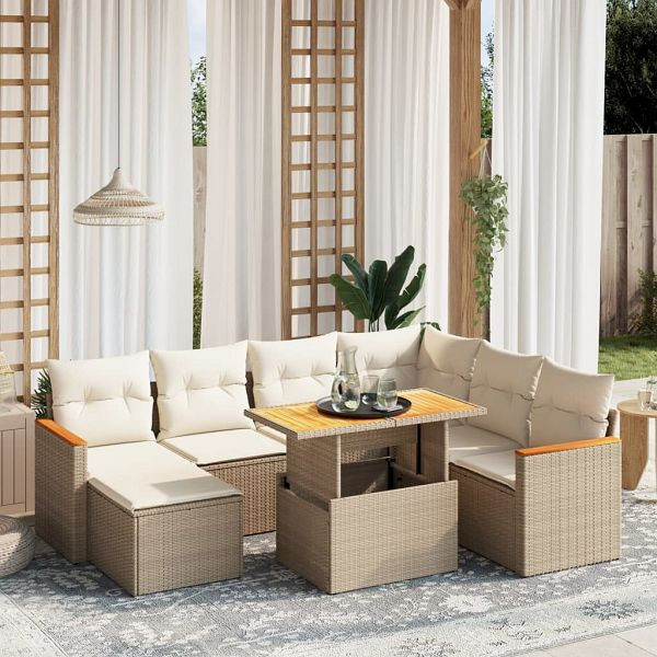 vidaXL 8-tlg. Garten-Sofagarnitur mit Kissen Beige Poly Rattan, 3273193
