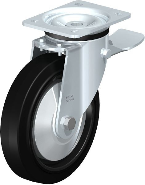 Blickle LK-POEV 200KD-ST-FA Stahlblech-Lenkrolle, schwere Ausführung, mit Anschraubplatte & Feststeller, Elastik-Vollgummi, Schwarz, 851316