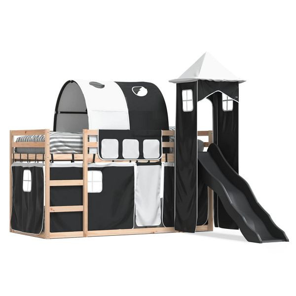 vidaXL Etagenbett mit Rutsche und Gardinen Weiß und Schwarz 90x200 cm, 3284161
