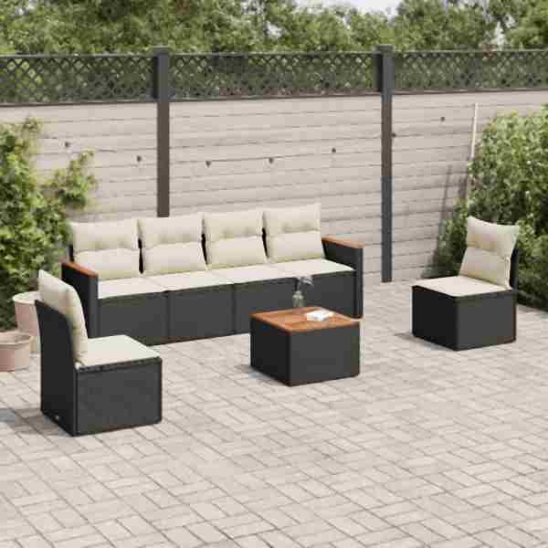 vidaXL 7-tlg. Garten-Sofagarnitur mit Kissen Schwarz Poly Rattan, UV-beständig, 3225867