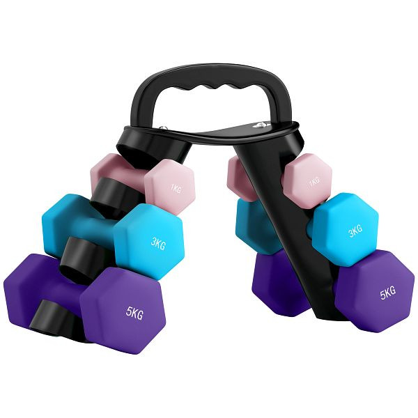 SPORTNOW Hantelset mit Aufbewahrungsgestell, Set mit 6 Hanteln für Fitness-Training, 2 x 1kg, 2 x 3kg, 2 x 5kg, A91-360V01PK