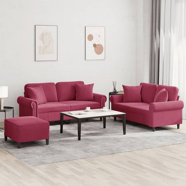 vidaXL 3-teilig Sofagarnitur mit Kissen Weinrot Samt, 3202244