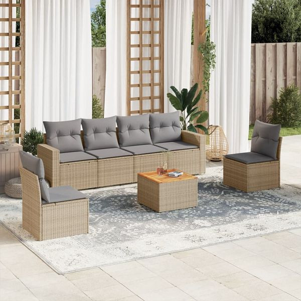 vidaXL 7-tlg. Garten-Sofagarnitur mit Kissen Beige Poly Rattan, 3224071