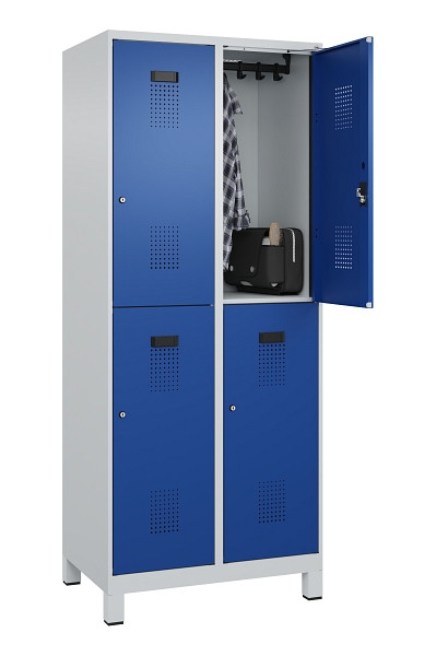 C+P Doppelstöckiger Spind Evolo PLUS, mit Füßen, 4 Fächer, 1950x800x500mm, 7035, Frontfarbe RAL 5010 Enzianblau, Zylinderschloss, 049310-22 S10033