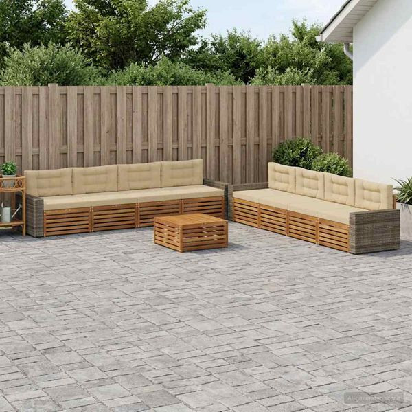 vidaXL Outdoor-Sofagarnitur mit Kissen 9-teilig Natur und Beige Polyester, 3383191