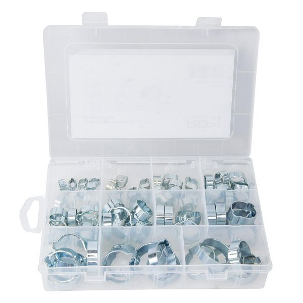 RepTools Basic 2-Ohr Schlauchschellen-Satz, Schlauchklemmen-Satz, Spannweite 5-28 mm, verzinkter Stahl, 85 Stk, XXL-124463