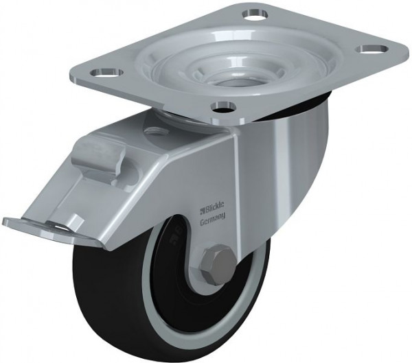 Blickle LE-PATH 80K-FI-ELS-FK Stahlblech-Lenkrolle mit Anschraubplatte & Feststeller, Thermoplastisches Polyurethan, Grau, 852148