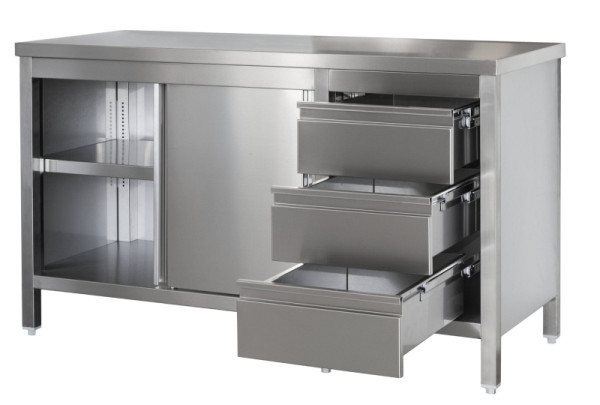 A&S Gastro Edelstahl Arbeitsschrank mit Schubladenblock rechts, Türenund Zwischenboden, Tiefe 700mm, AISI 304, 1000 x 700 x 850 mm, ARSSBR107