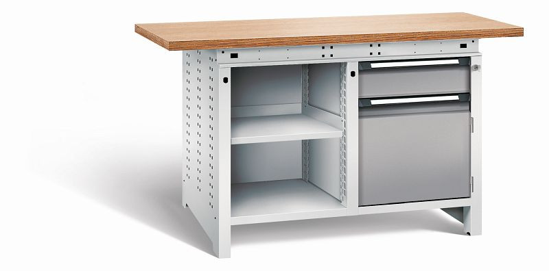 Otto Kind Werkbank Serie function Typ 211, Multiplexplatte 40 mm, überstehend, 2x Unterbau, Gehäuse RAL 7035, Front RAL 7037, 072341267
