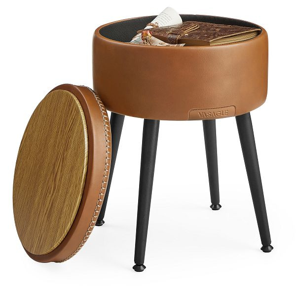 VASAGLE EKHO-Kollektion – Aufbewahrungs-Pouf, Waschtischhocker, Kunstleder mit Nähten, Mid-Century Modern, Ladung 150 kg, Karamellbraun, LOM005K01