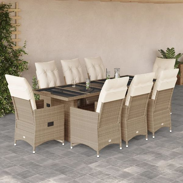 vidaXL 9-tlg. Garten-Bistro-Set mit Kissen Beige Poly Rattan, 3277265