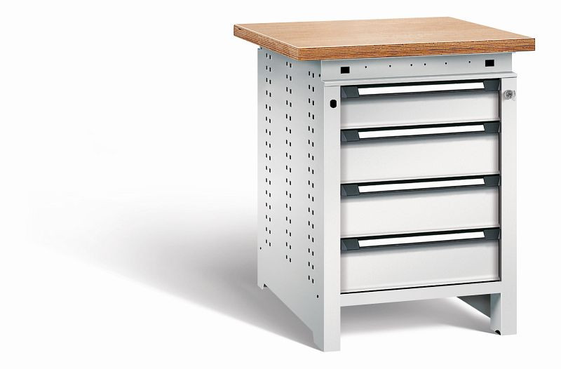 Otto Kind Werkbank Serie function Typ 107, Multiplexplatte, überstehend, 4 Schubladen, mit Zentralverschluss, komplett RAL 7035, 072324217