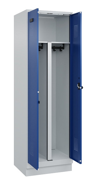 C+P PSA Schwarz-Weiß-Spind Evolo PLUS, mit Sockel, 2 Abteile, 1950x600x500mm, 70, Frontfarbe RAL 5010 Enzianblau, Drehriegel, 049022-20P S10006