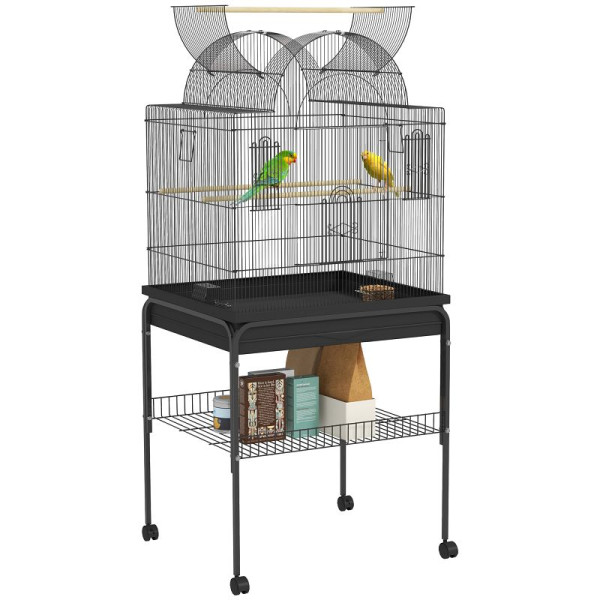 PawHut Vogelkäfig für Kanarienvögel & Wellensittiche, mobil, mit Bodenfach, Metallgitter, Schwarz, D10-105V00BK