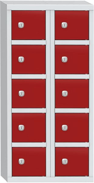 Deskin Wertfachschrank mit 10 Fächern, Korpus Lichtgrau RAL 7035, Türen Feuerrot RAL 3000, H 780 x B 390 x T 200 mm, Zylinderschloss, 358058