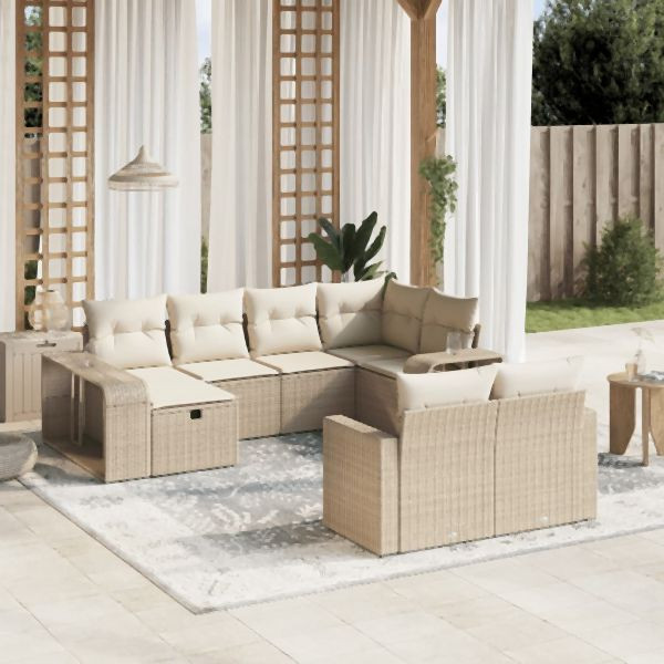 vidaXL 10-tlg. Garten-Sofagarnitur mit Kissen Beige Poly Rattan, 3266238