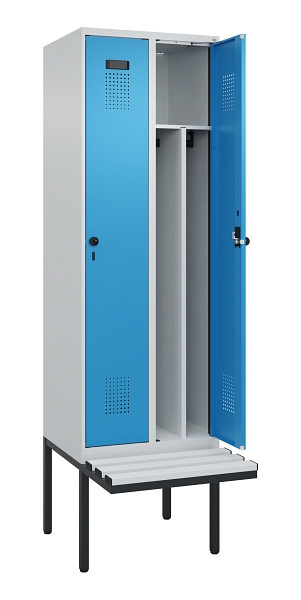 C+P Spind Evolo PLUS, 2 Abteile, 2120x600x815mm, 7035/5012, Drehriegel, Material Sitzfläche Kunststoff, 0490407-20F S10061