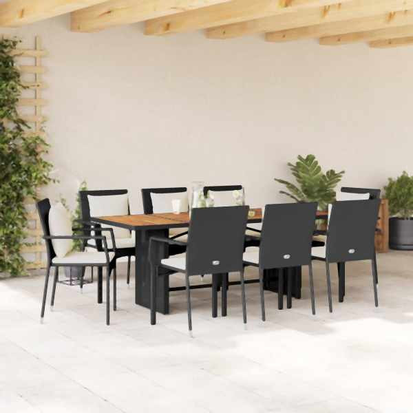 vidaXL 9-tlg. Garten-Essgruppe mit Kissen Schwarz Poly Rattan, UV-beständig, 3213499