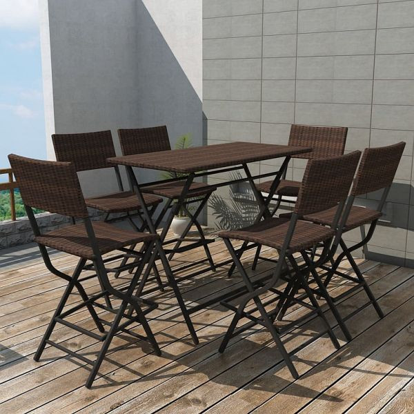 vidaXL 7-teilig Garten-Essgruppe Klappbar Stahl Poly Rattan Braun, 42877