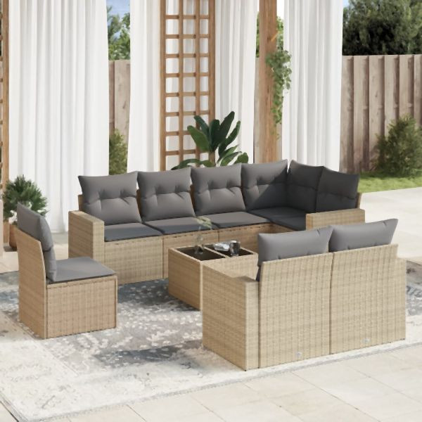 vidaXL 9-tlg. Garten-Sofagarnitur mit Kissen Beige Poly Rattan, 3251586