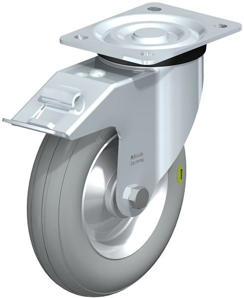 Blickle L-VW 202R-FI-SG Stahlblech-Lenkrolle, mittelschwere Ausführung, mit Anschraubplatte & Feststeller, Weichgummi, Grau, 609032