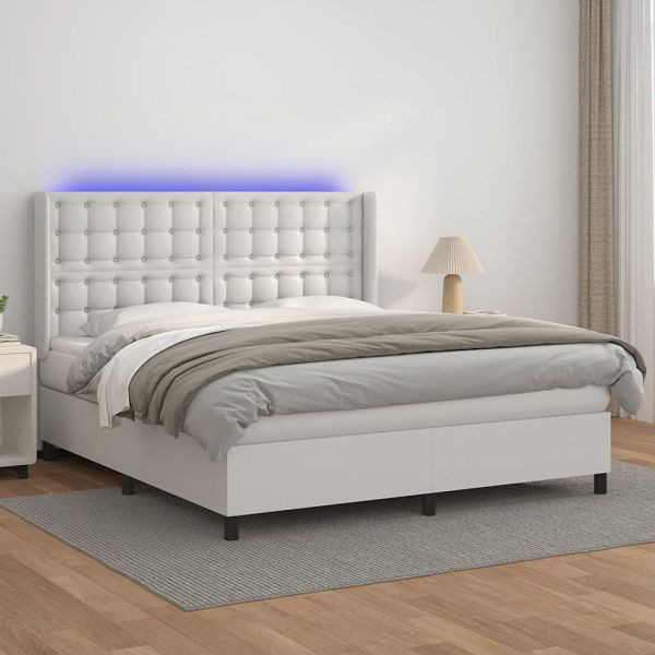 vidaXL Boxspringbett mit Matratze & LED Weiß 160x200 cm Kunstleder, 3139392