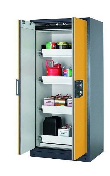 asecos Sicherheitsschrank Q-CLASSIC-90, Q90.195.090 in sicherheitsgelb RAL 1004 mit 4x Auszugswanne Standard (Stahlblech), 30041-040-30053