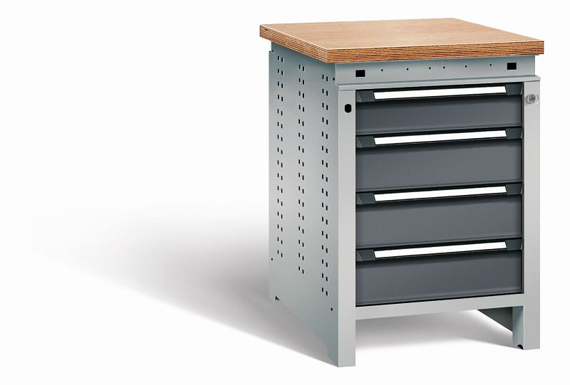 Otto Kind Werkbank Serie function Typ 107, Multiplexplatte, bündig, 4 Schubladen, mit Zentralverschluss, Gehäuse RAL 9006, Front RAL 7016, 07232414S