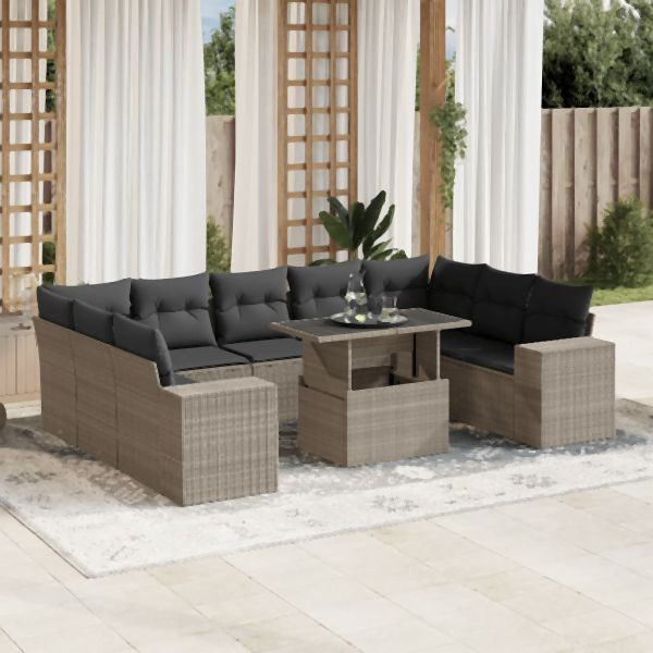 vidaXL 10-tlg. Garten-Sofagarnitur mit Kissen Hellgrau Poly Rattan, 3269372