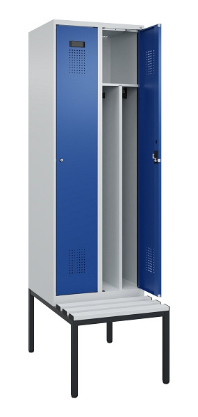 C+P Spind Evolo PLUS, 2 Abteile, 2120x600x815mm, 7035/5010, Zylinderschloss, Material Sitzfläche Kunststoff, Sitzbank, 0490507-20F S10087