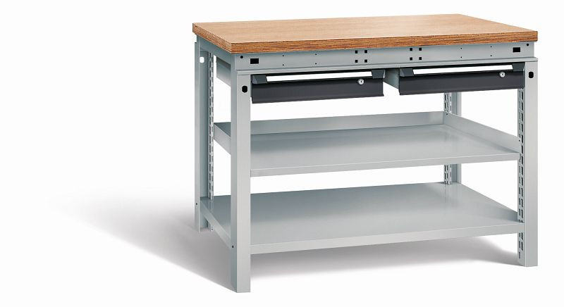 Otto Kind Werkbank Serie function Typ 209, Multiplexplatte 40 mm, bündig, 2 Schubladen 120 mm, Gehäuse RAL 9006, Front RAL 9005, 07233913N