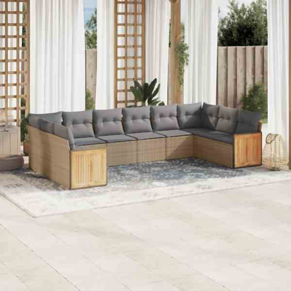 vidaXL 10-tlg. Garten-Sofagarnitur mit Kissen Beige Poly Rattan, UV-beständig, 3260407